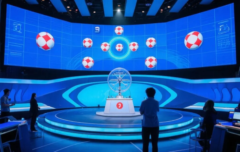 现代化开奖大厅，屏幕显示数字球，工作人员监督